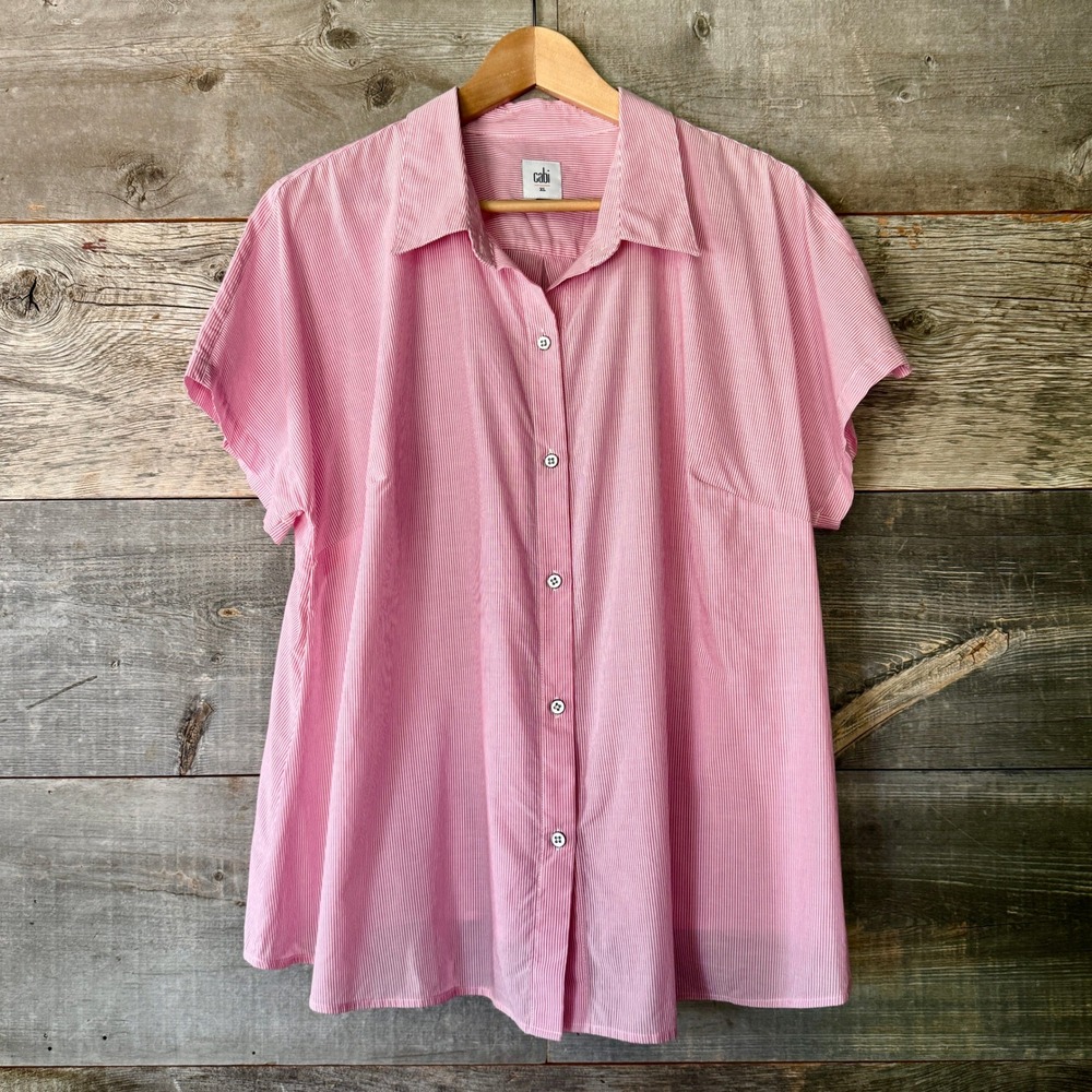 Cabi Pip Top Micro Stripe Short Sleeve Button Up Shirt XL Pink Swing Limited Ed